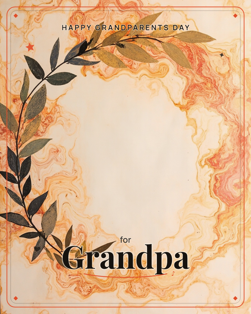 A curved branch of leaves, dark green fading into olive gold, arcs across a marbled background of swirling peach, rust and cream tones, a grandparents day e-card design