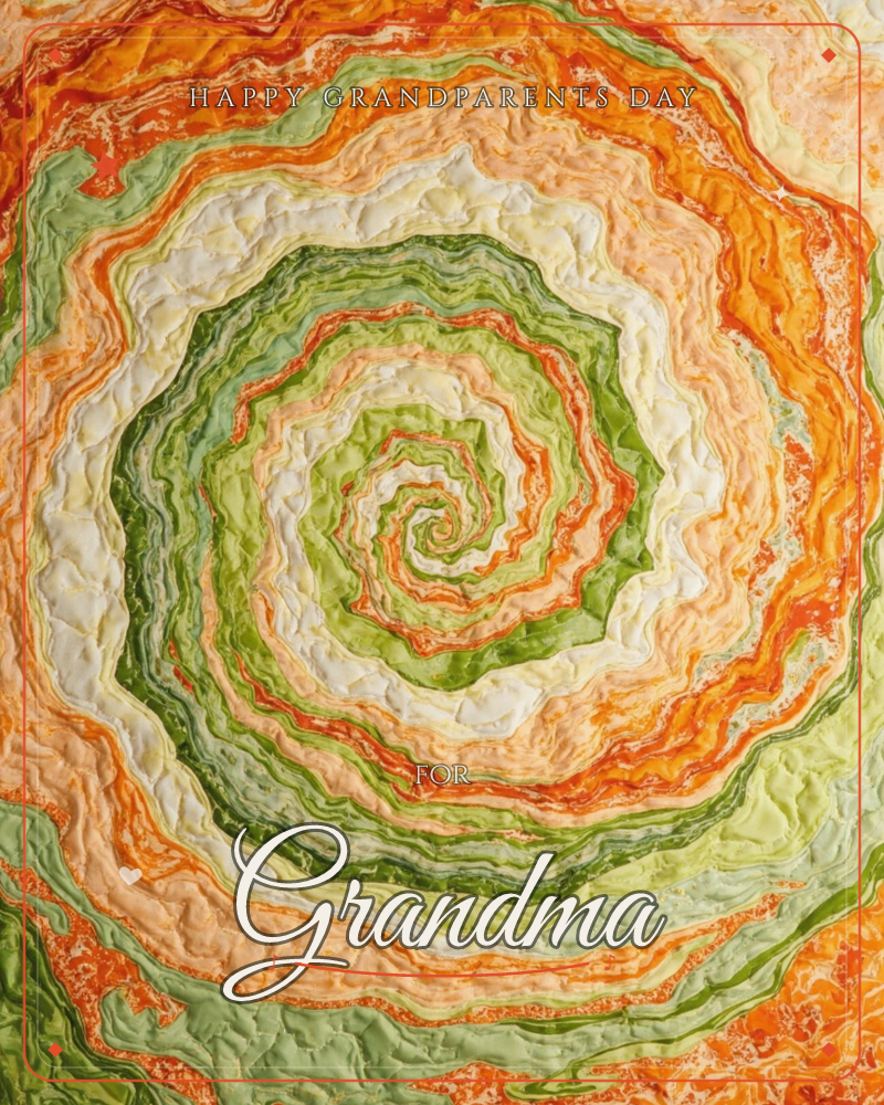 A hypnotic spiral of textured, quilted fabric bands winds from a tight center out to the edges, its rippled surface catching light like folded terrain, a grandparents day e-card design