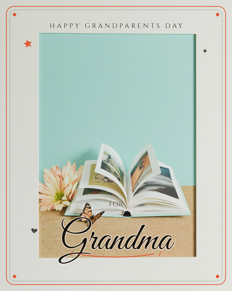 An open photo book stands propped on a sandy surface against a mint-teal backdrop, its pages fanned to reveal glimpses of travel snapshots, a grandparents day e-card design