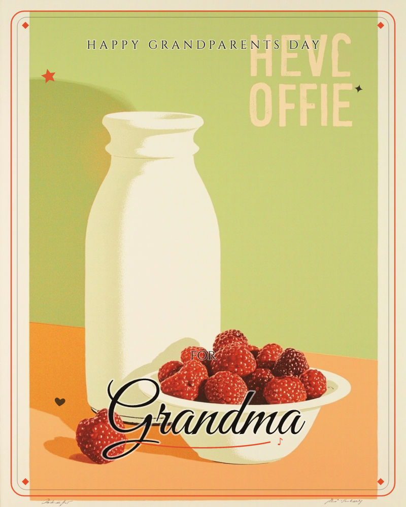 A retro still-life shows a creamy white milk bottle standing beside a bowl heaped with plump raspberries, one berry escaped onto the tabletop, a grandparents day e-card design