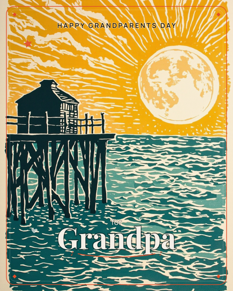 A weathered pier hut stands on stilts over teal water, a huge pale moon hanging low against a mustard-orange sky streaked with sunburst lines, a grandparents day e-card design
