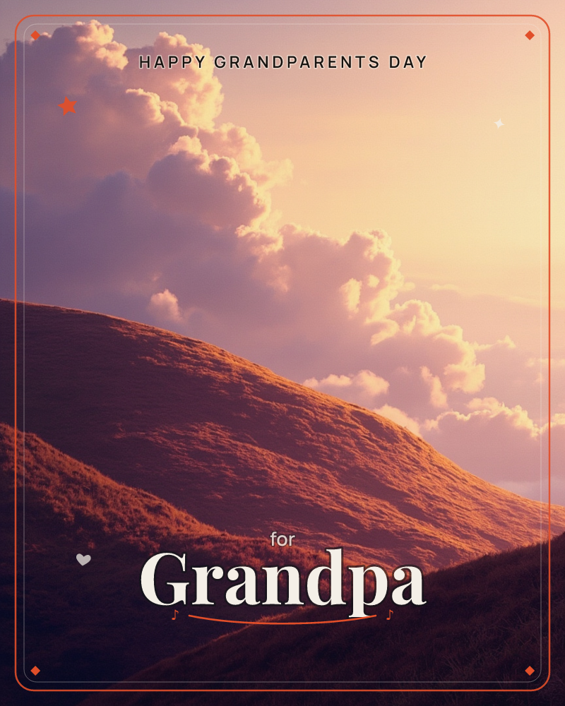 A rounded hillside catches the last warm light of day, its grassy slopes glowing amber and rust against a sky stacked with billowing clouds, a grandparents day e-card design
