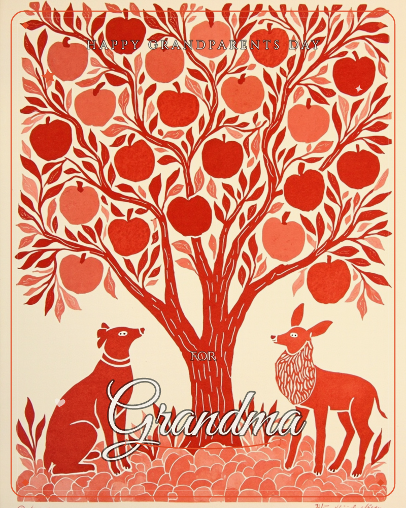 A stylised apple tree fills the page in monochrome red, its branches heavy with round fruit and layered leaves rendered in a woodcut-like texture, a grandparents day e-card design