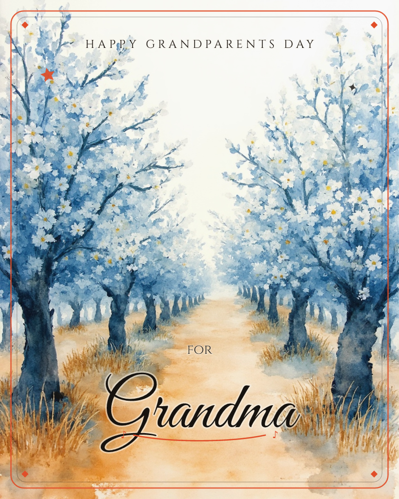 A watercolour avenue of blossoming trees lines a soft dirt path, their branches heavy with pale blue and white flowers touched with tiny gold centres, a grandparents day e-card design