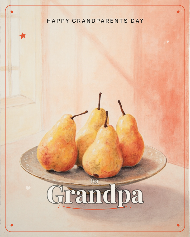 A still life of five golden pears piled on a pale ceramic plate, set against a coral-pink wall lit by soft window light casting a diagonal shadow, a grandparents day e-card design