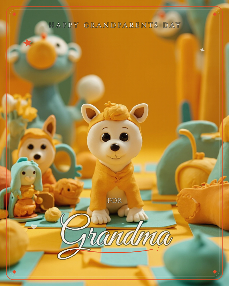 A claymation-style scene glows in warm golden light, with a round-faced puppy figure sitting front and center on a checkered mat, its fur sculpted in…, a grandparents day e-card design