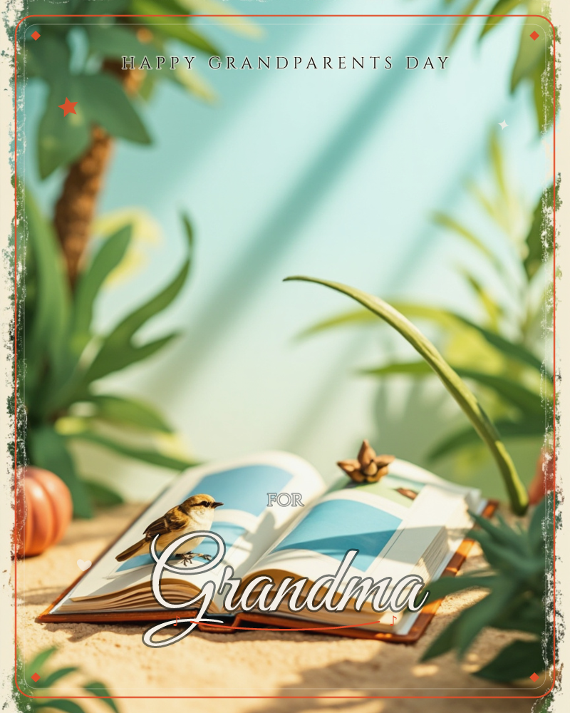 An open storybook rests on sandy ground, its pages showing a painted blue sky as a small sparrow perches on the spine, a grandparents day e-card design
