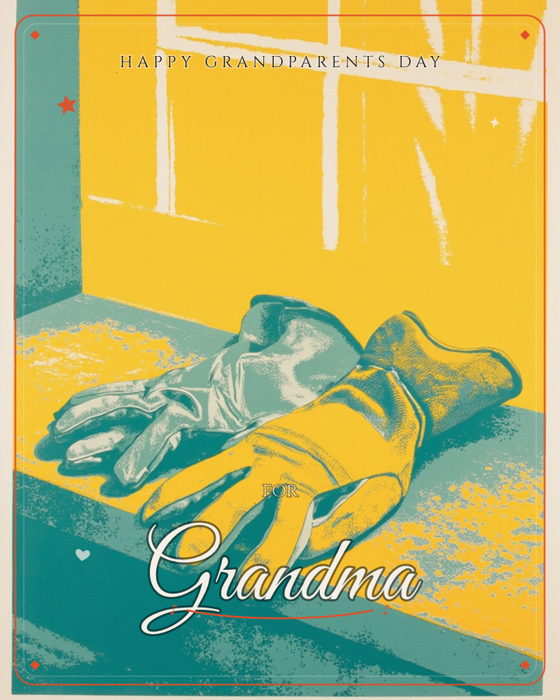 A pair of worn work gloves lies discarded on a windowsill, rendered in bold two-colour screenprint of teal and mustard yellow, a grandparents day e-card design