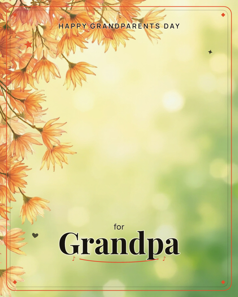 A cascade of orange and peach daisy-like blossoms spills down the left edge of the card, painted with delicate linework and soft shading, a grandparents day e-card design