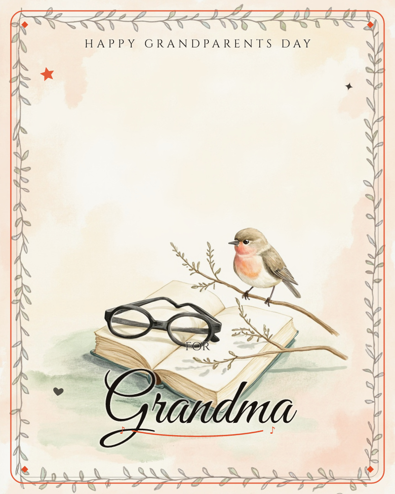 A robin perches on a slender branch that rests across an open book, with a pair of round black reading glasses set down on the pages beside it, a grandparents day e-card design