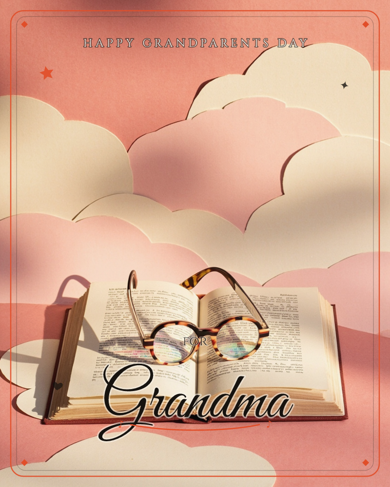 An open hardback book rests on a dusty pink backdrop, tortoiseshell round glasses balanced across its pages, casting sharp shadows in warm light, a grandparents day e-card design
