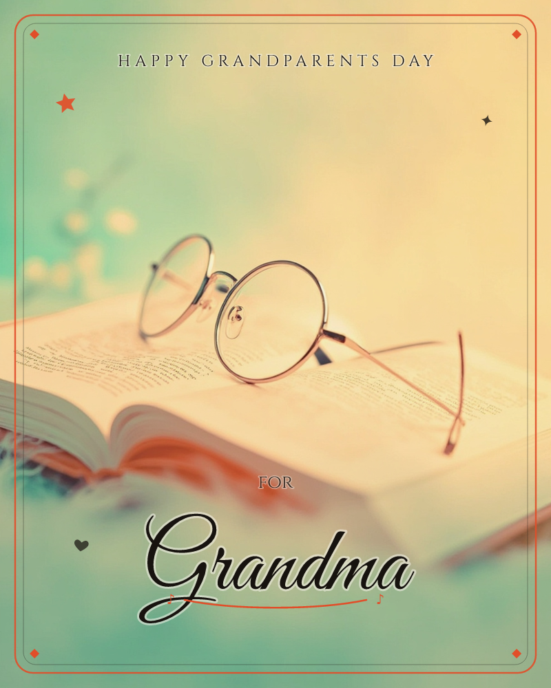 A pair of round wire-rimmed glasses rests folded on the open pages of a book, its edges softly blurred into a dreamy haze of teal and warm gold, a grandparents day e-card design