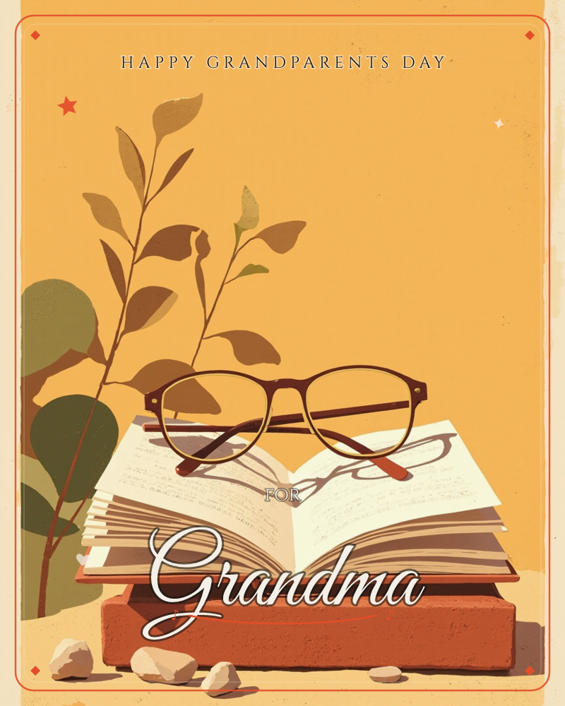 An open book with faintly scribbled pages rests on a terracotta box, a pair of round tortoiseshell glasses folded across its spine, a grandparents day e-card design