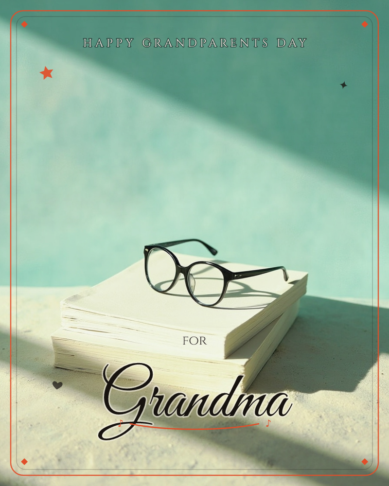 A pair of round black-framed glasses rests on a stack of cream paperback books, set against a teal wall sliced by a diagonal band of sunlight, a grandparents day e-card design