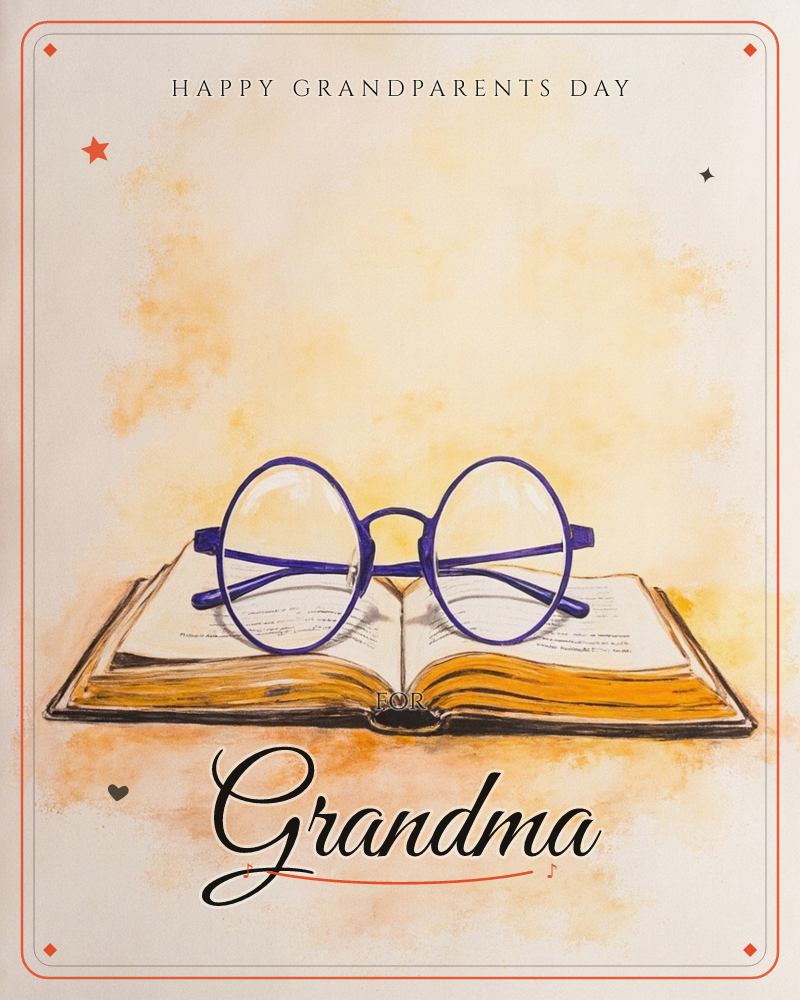 A pair of round, blue-framed glasses rests atop an open book with weathered, gold-edged pages, set against a soft, cloudy wash of warm orange and cream, a grandparents day e-card design