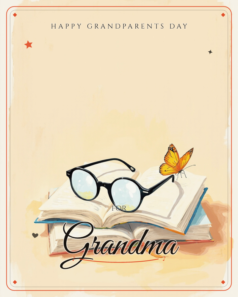 A pair of round black glasses rests on the open pages of a stack of books, with a bookmark ribbon trailing from beneath, a grandparents day e-card design