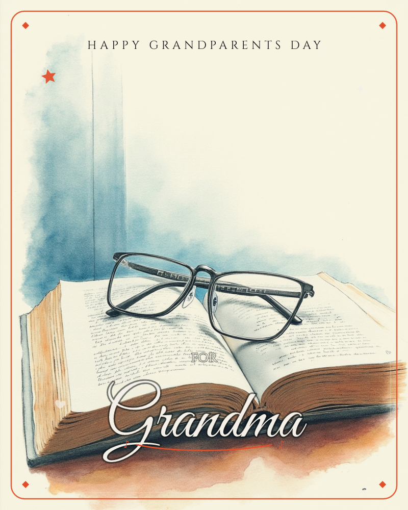 A well-worn open book with tanned, softly curling pages lies on a dark tabletop, a pair of black-framed reading glasses resting across the text, a grandparents day e-card design