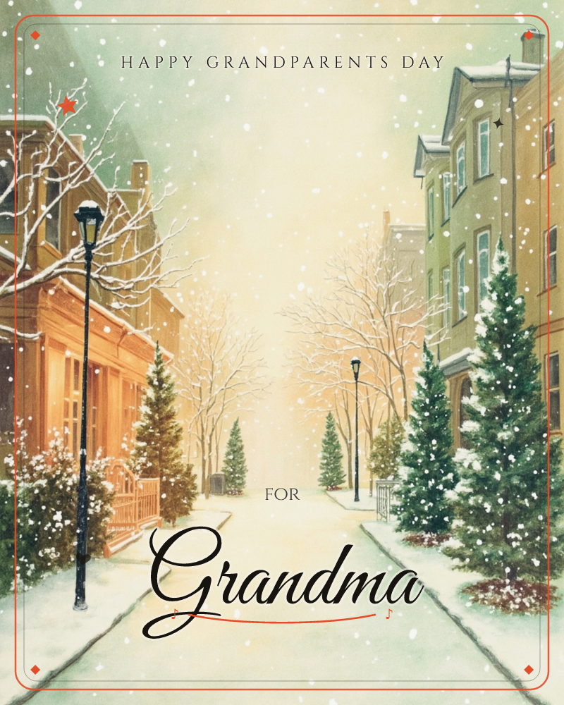 A quiet city street glows under falling snow, lined with townhouses in warm ochre, olive and rust tones, a grandparents day e-card design