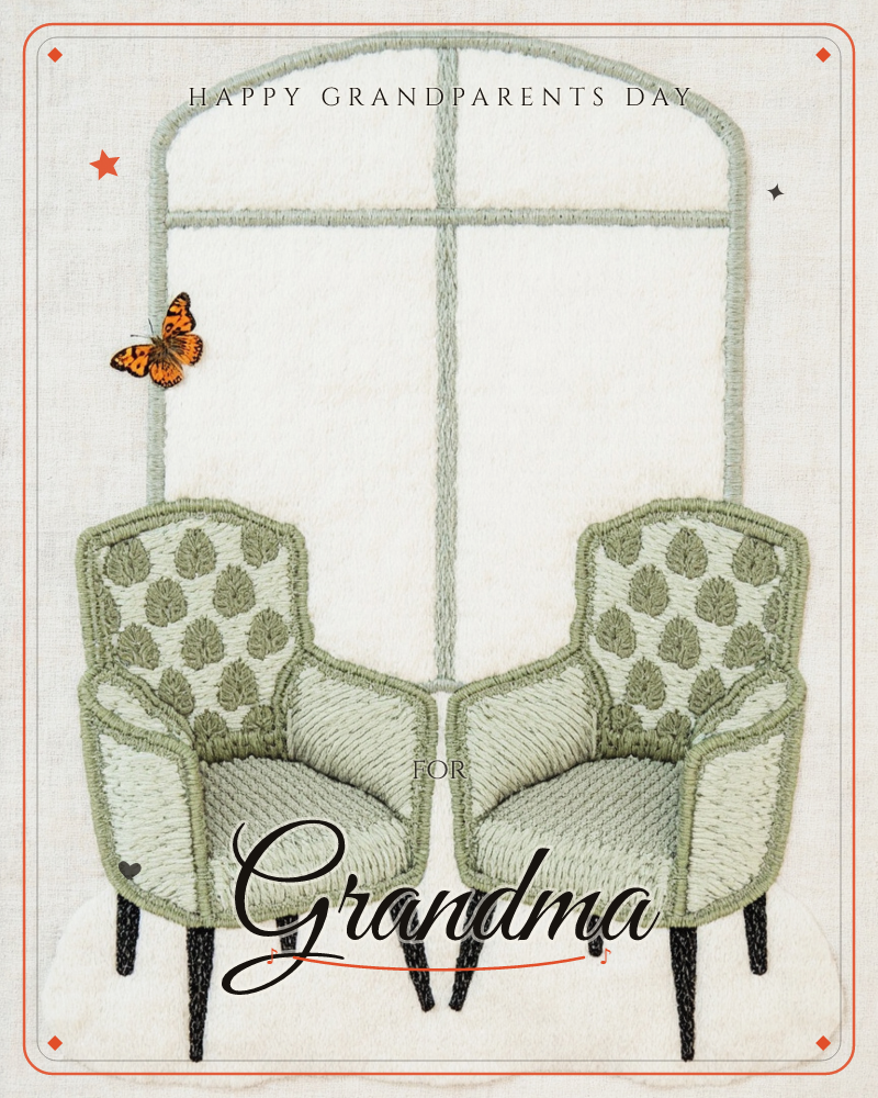 An embroidered illustration on textured cream fabric shows two matching sage-green armchairs with leaf-patterned backs standing before a tall arched…, a grandparents day e-card design