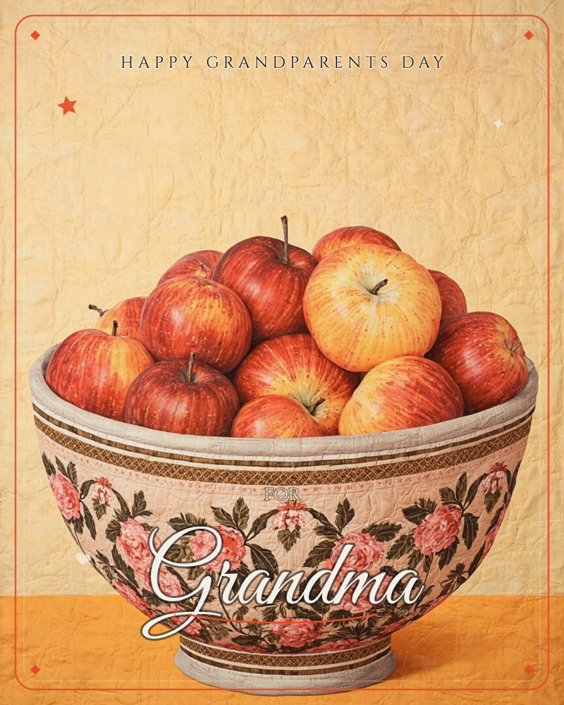 A large ceramic-style bowl painted with pink peonies and trailing green leaves sits piled high with red and gold apples, a grandparents day e-card design