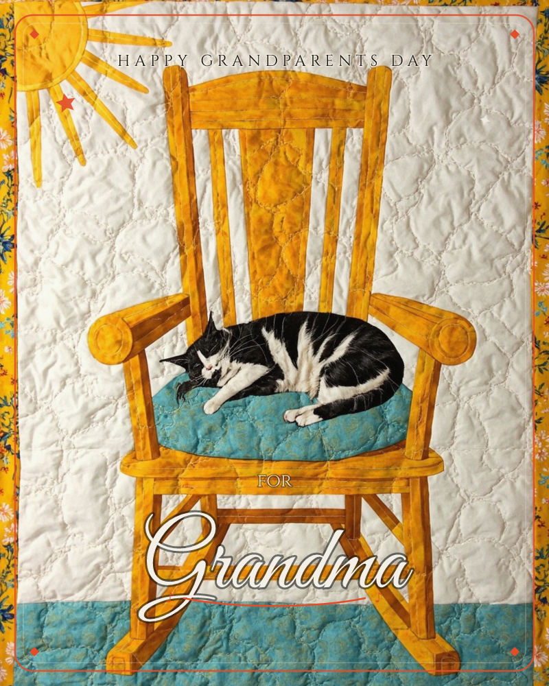 A quilted textile illustration shows a black-and-white cat curled up asleep on the teal cushion of a golden-yellow wooden rocking chair, with a bright…, a grandparents day e-card design