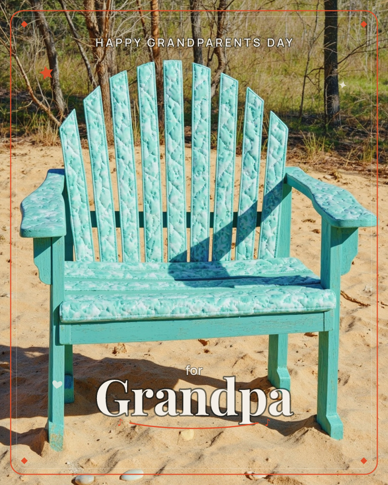 A weathered turquoise Adirondack-style bench chair sits alone on pale sand, its fan-shaped back catching bright sunlight against a backdrop of bare…, a grandparents day e-card design