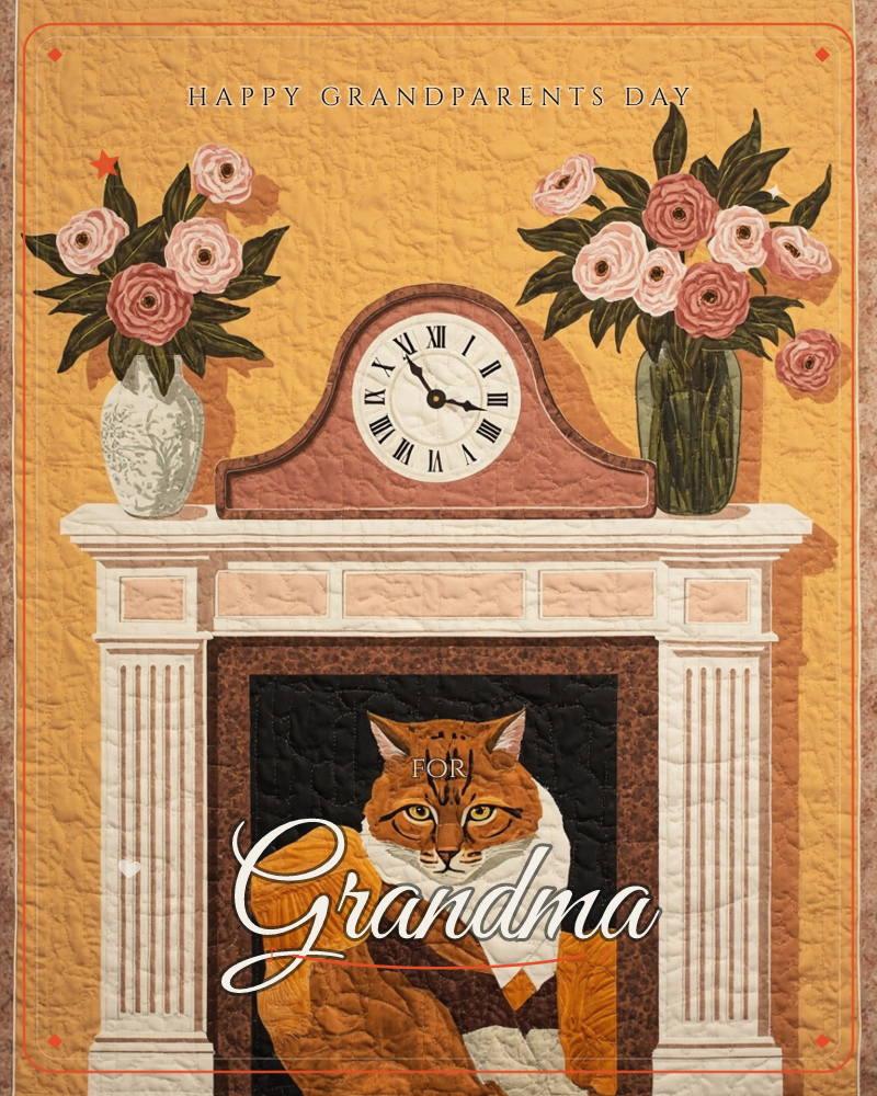 A quilted, textile-style illustration shows a white mantelpiece against a warm mustard wall, topped with a domed clock and two vases of pink roses, a grandparents day e-card design