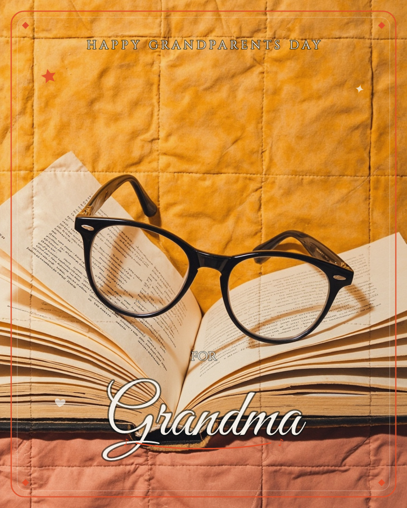 An open paperback book rests face-up on a quilted fabric surface, its yellowed pages fanned open with dense small print visible, a grandparents day e-card design