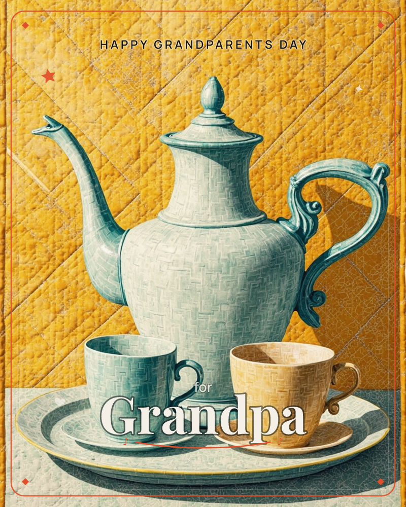 A pale seafoam-green teapot with an ornate curling handle and long curved spout stands on a round tray between two teacups, one matching green and one…, a grandparents day e-card design