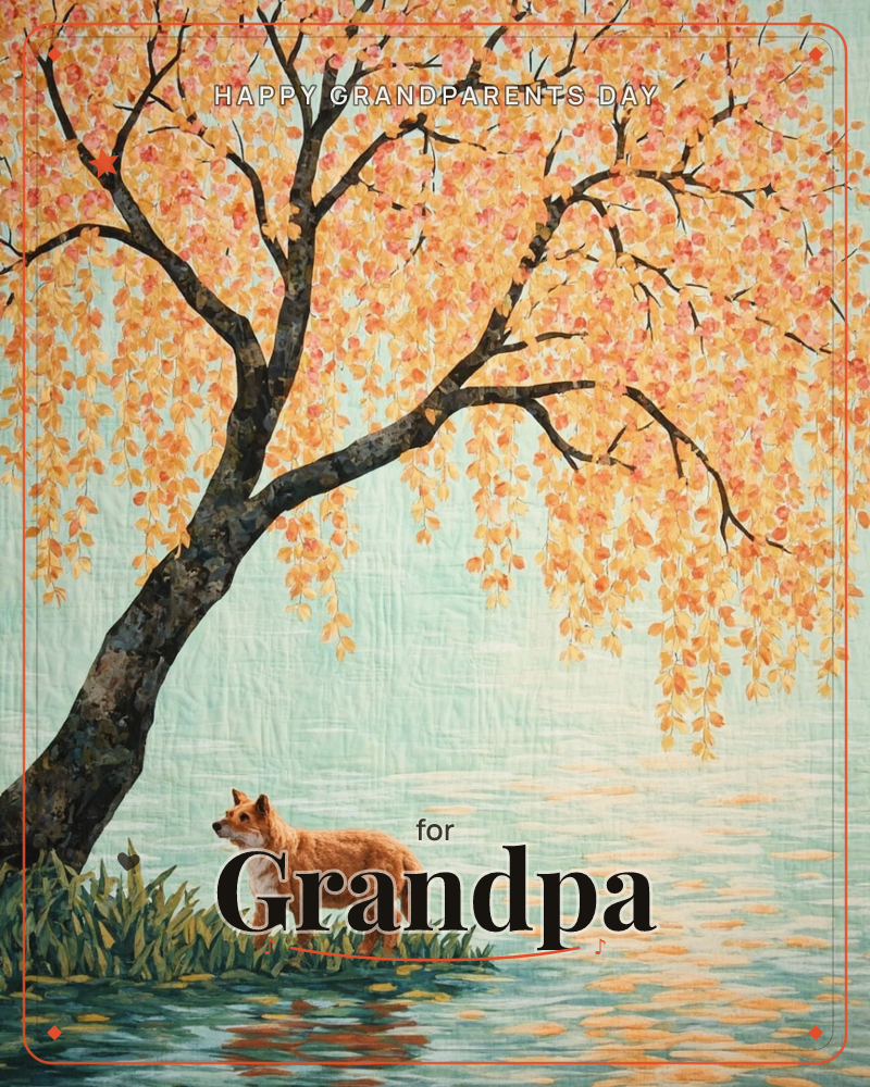 A corgi stands at the grassy edge of a still lake beneath a sweeping tree hung with autumn-gold leaves, a grandparents day e-card design