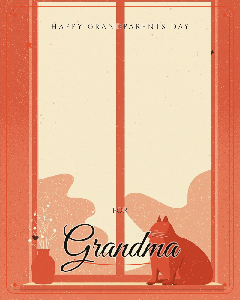 A cat sits silhouetted on a windowsill, gazing out through tall paned glass at a hazy, cloud-drifted view beyond, a grandparents day e-card design