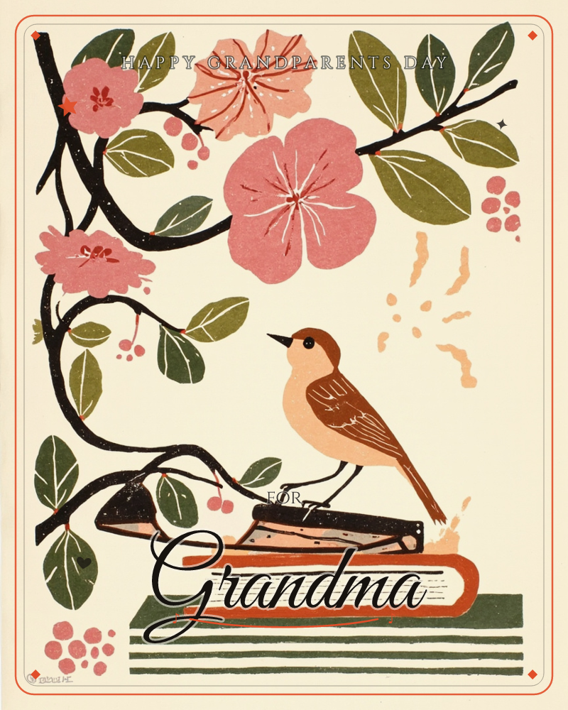 A small brown bird perches on a stack of books beneath a blossoming branch, its pink flowers and olive leaves arching overhead against a warm cream…, a grandparents day e-card design