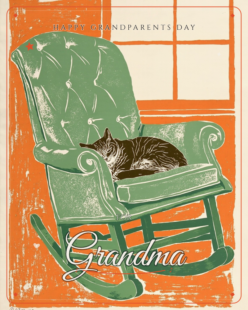 A tabby cat is curled up asleep on the cushioned seat of a green tufted rocking chair, set against a bold orange wall beside a paned window, a grandparents day e-card design