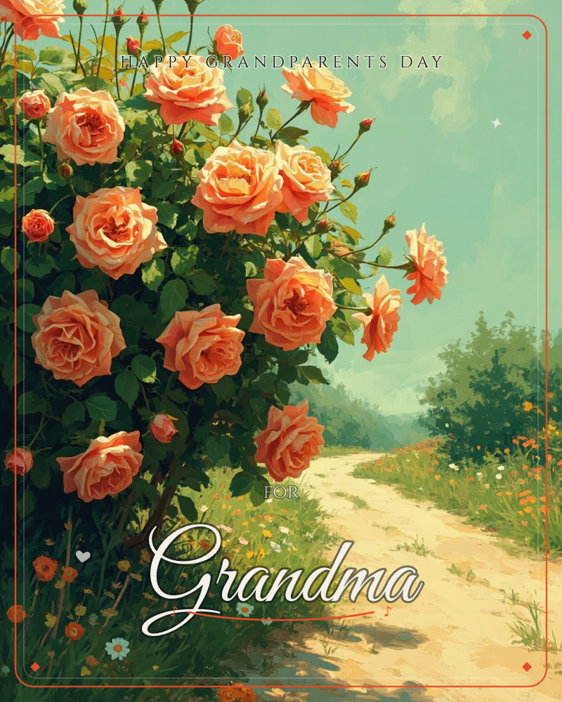 A rose bush heavy with peach-orange blooms leans over a sandy country path, its buds and open flowers catching bright midday sun, a grandparents day e-card design