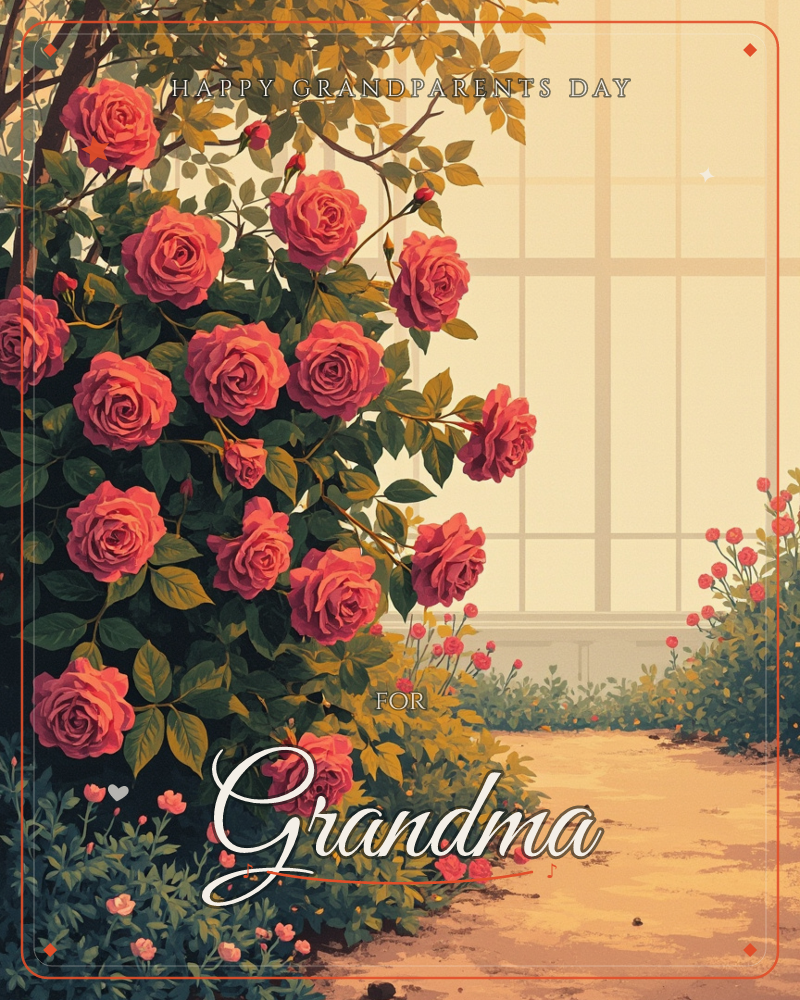 A cascade of coral-pink roses climbs along a garden wall beside a large paned window, its warm glass glowing with soft afternoon light, a grandparents day e-card design