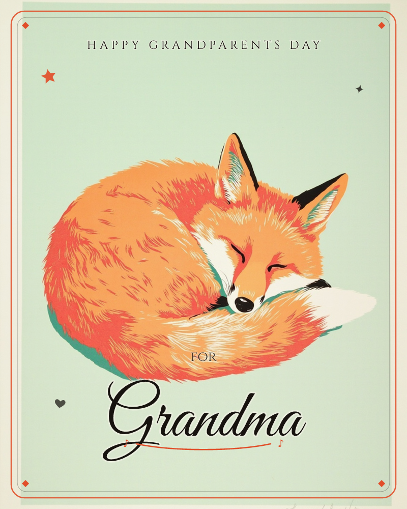 A fox curls into a tight sleeping ring, nose tucked under its own bushy tail, against a soft sage-green background, a grandparents day e-card design