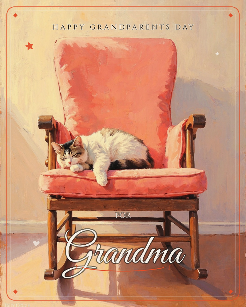 A black-and-white cat curls up asleep on the coral-pink cushion of a wooden rocking chair, bathed in warm afternoon sunlight that casts long shadows…, a grandparents day e-card design
