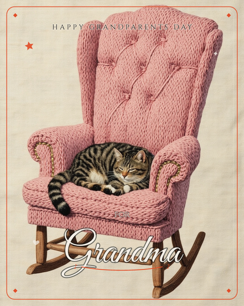 A tabby cat is curled up asleep on the seat of a plush pink wingback rocking chair, its tail trailing over the armrest, a grandparents day e-card design