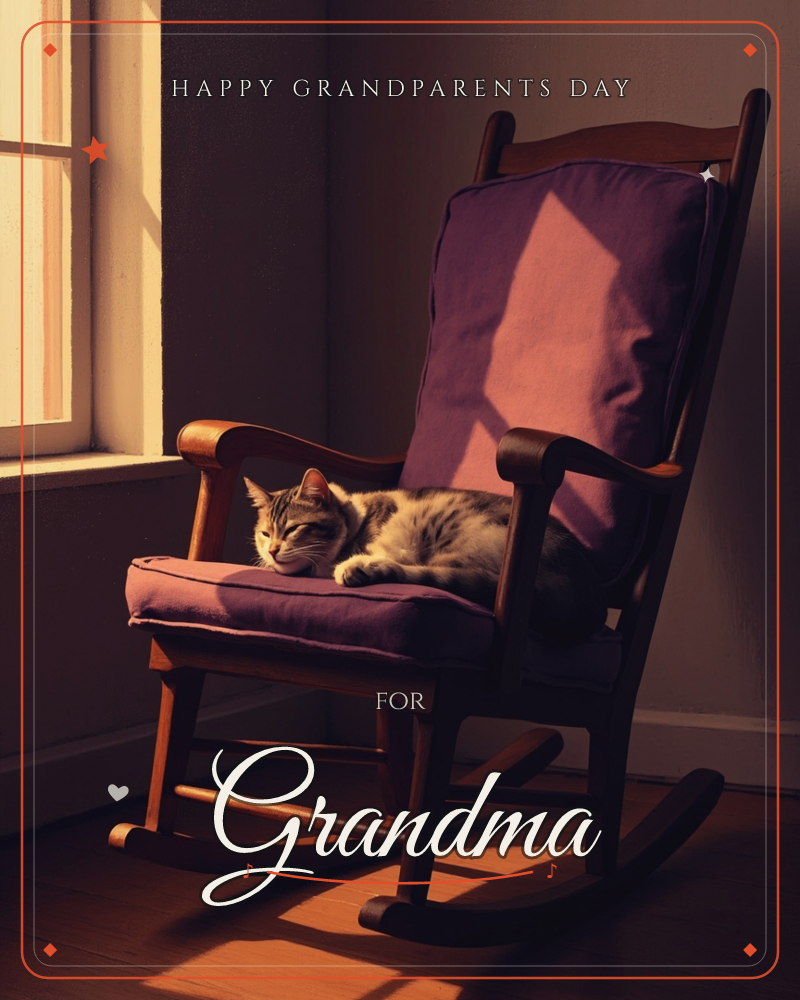 A tabby cat curls up asleep on the plum-colored cushion of a wooden rocking chair, bathed in warm late-afternoon light streaming through a window, a grandparents day e-card design