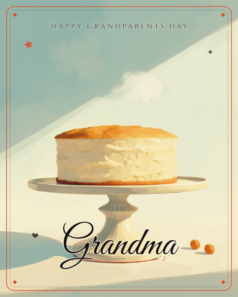 A tall cheesecake sits alone on a white pedestal stand, its golden top and rough-swirled cream sides catching a slant of warm light against a pale…, a grandparents day e-card design