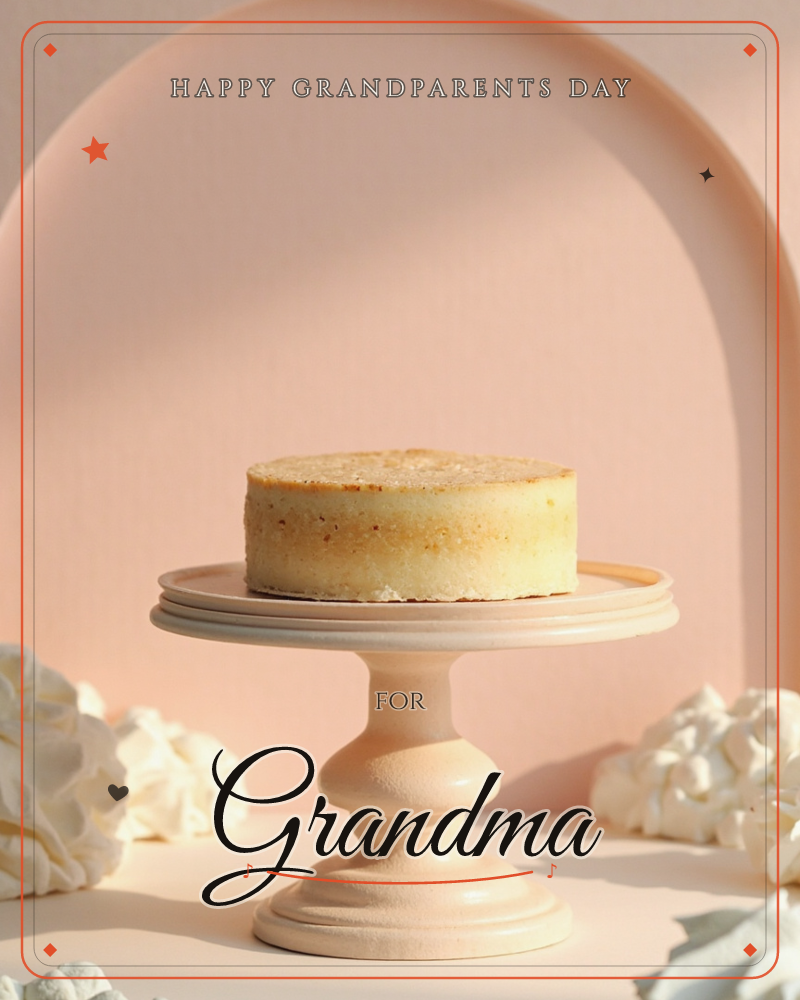 A single unfrosted sponge cake sits on a turned pedestal cake stand against a blush-pink wall with an arched niche painted behind it, a grandparents day e-card design