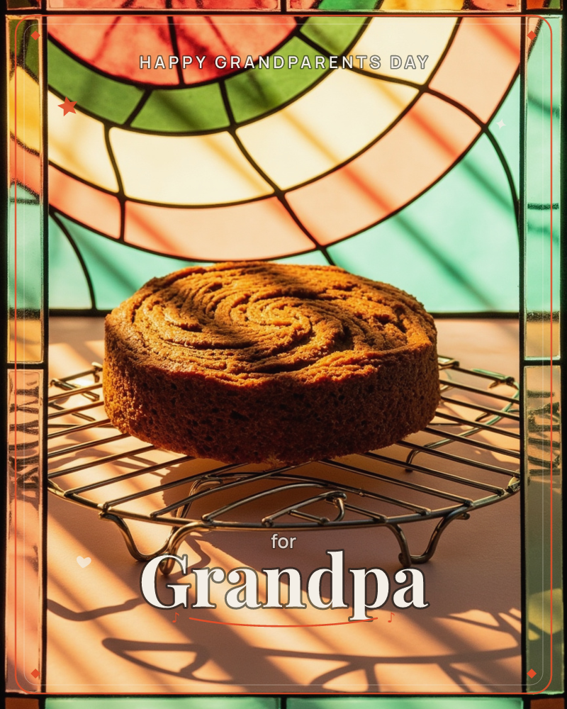 A round spiced cake cools on a wire rack, its swirled top catching warm afternoon light streaming through a stained-glass window behind it, a grandparents day e-card design
