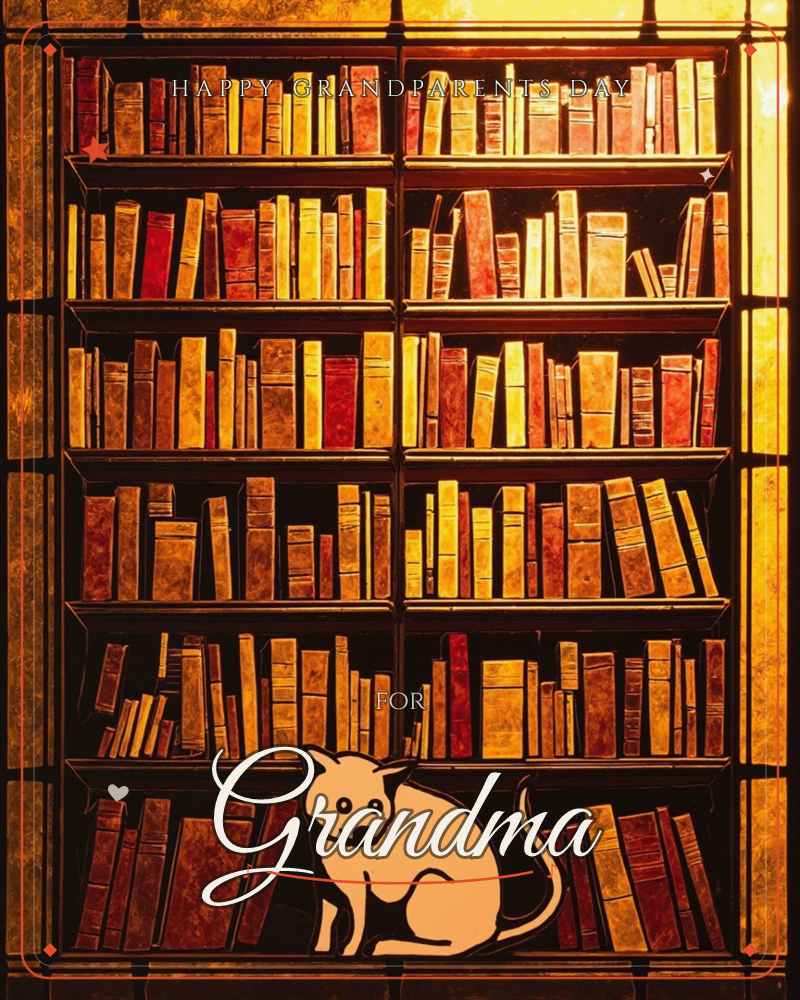 A towering, warmly lit bookshelf glows in shades of amber and rust, packed tight with old leather-bound volumes, a grandparents day e-card design
