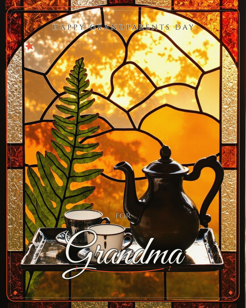 A dark metal teapot and two cups sit on a tray before an arched stained-glass window, its leaded panes glowing amber and gold with a hazy sunlit…, a grandparents day e-card design