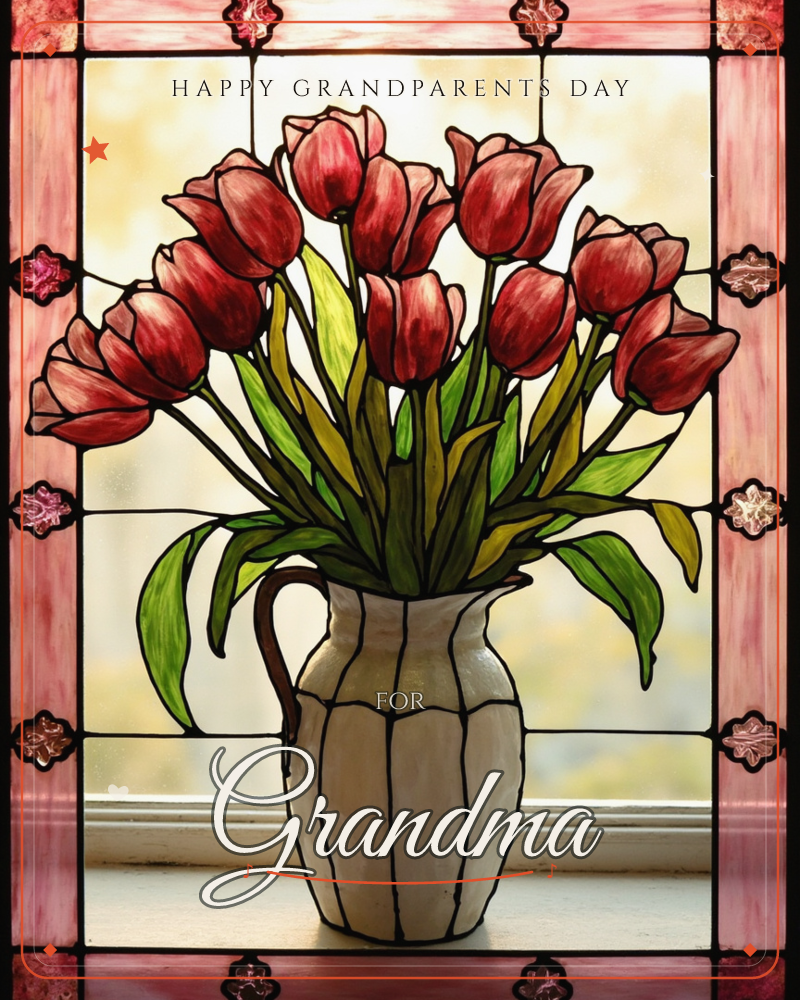 A stained-glass window design shows a cream pitcher overflowing with red tulips and green leaves, framed by a pink and black leaded border with small…, a grandparents day e-card design