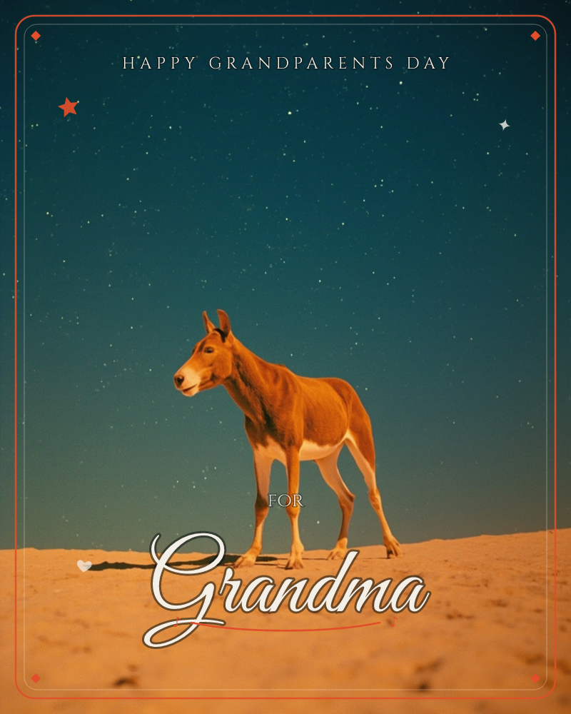 A lone tan and white desert creature, part deer, part dog in the way its ears and long legs meet, walks across a sweep of amber sand under a deep…, a grandparents day e-card design