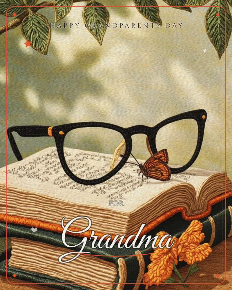 A stack of worn hardback books sits on a wooden table, the top one open with black-framed reading glasses resting on its pages and a small orange…, a grandparents day e-card design