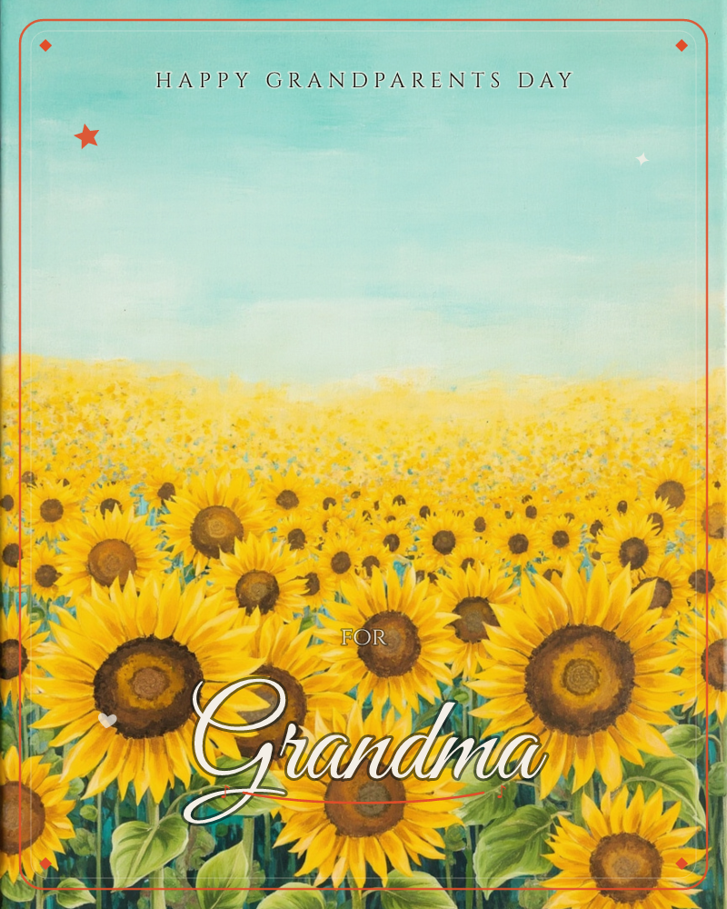 A vast field of sunflowers stretches to the horizon under a pale teal sky, their bright yellow heads and dark brown centres crowding the foreground…, a grandparents day e-card design