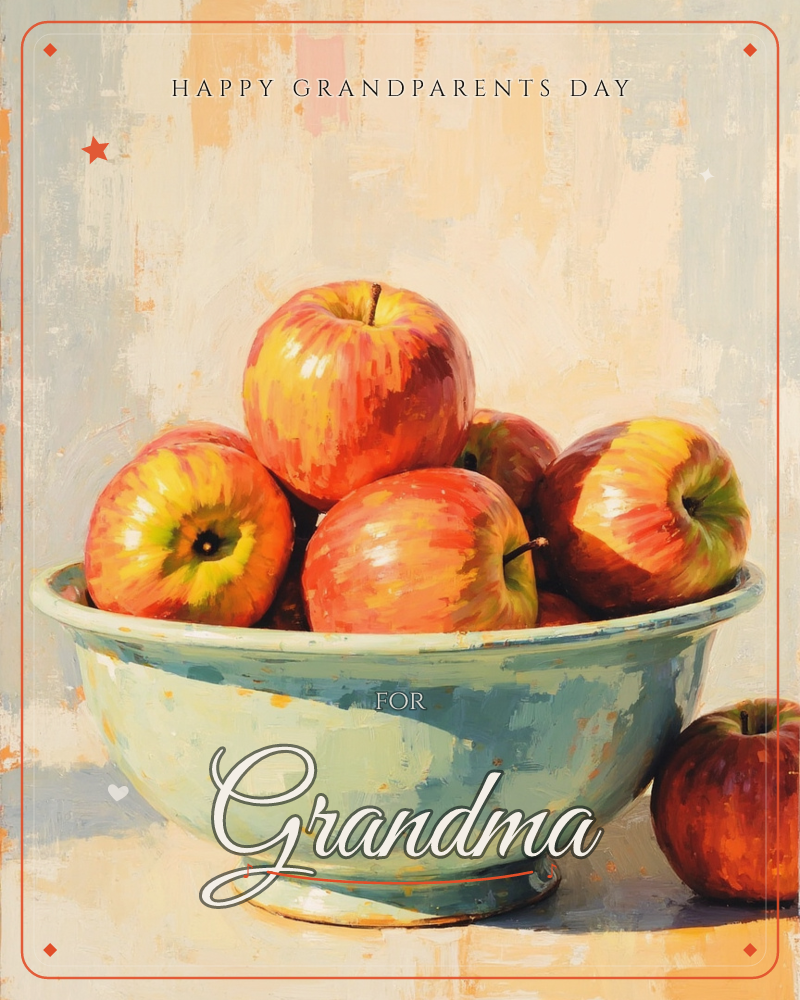 A pale mint-green ceramic bowl sits piled high with red and gold apples, one extra apple resting on the table beside it, a grandparents day e-card design
