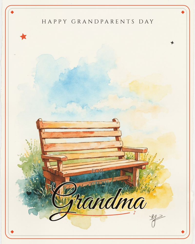 A single wooden bench sits empty in a patch of grass and wildflowers, painted in loose watercolour washes, a grandparents day e-card design
